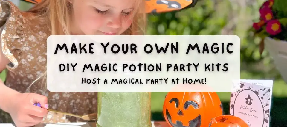 Child making sparkly potion with DIY Magic Potion Party Kit – Sparkle & Spell Co. host your own magical kids party at home