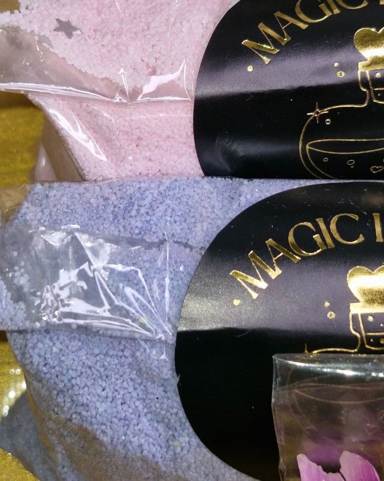 Sparkling pink and purple potion powders from the Faerie Secrets Magic Potion Kit for Two – fairy-inspired sensory play ingredients.