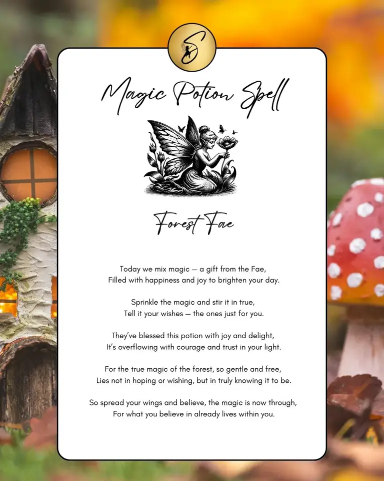Forest Fae magic potion spell card by Sparkle & Spell Co. NZ, featuring a faerie illustration and joy-filled potion spell celebrating happiness, belief and inner magic.