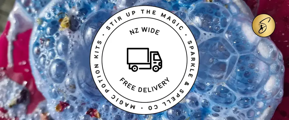 Sparkle & Spell Co. Free Delivery NZ-Wide banner – colourful blue bubbling potion with flowers and text ‘NZ Wide Free Delivery.v