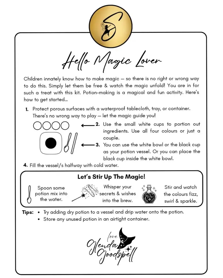Sparkle & Spell Co. magic potion instructions card NZ featuring step-by-step guidance for potion making, imaginative play tips, and Glenda Goodspell’s signature for safe, joyful magical play.