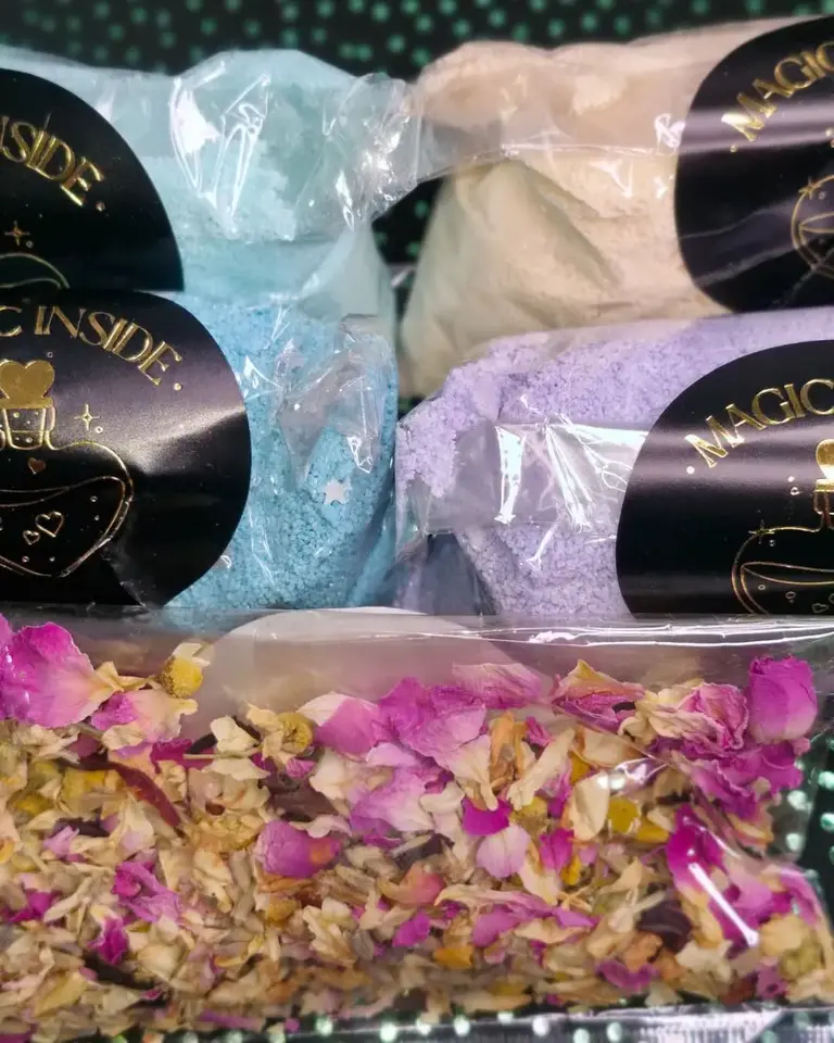 Secrets of the Sea Magic Potion Kit powders in blue, cream and purple with dried florals – mermaid-themed potion play by Sparkle & Spell Co.