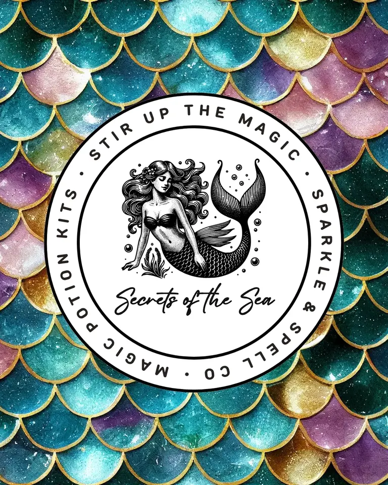 Secrets of the Sea Magic Potion Kit logo featuring mermaid design on shimmering scale background – Sparkle & Spell Co.