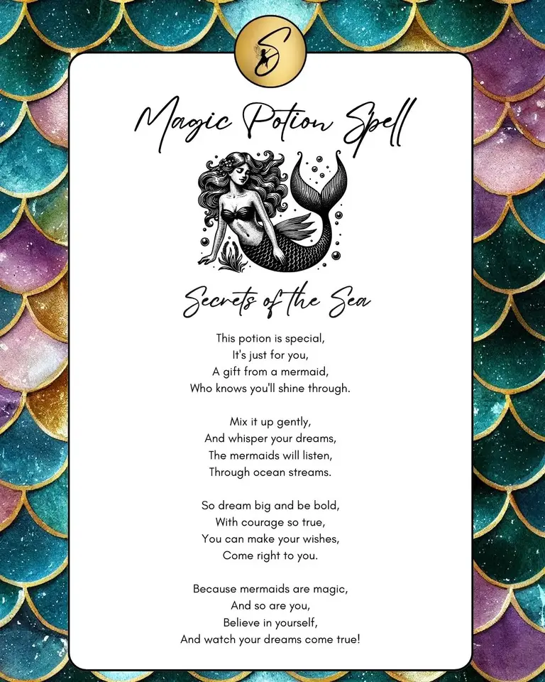 Secrets of the Sea magic potion spell card by Sparkle & Spell Co. NZ, featuring a faerie illustration and joy-filled potion spell celebrating happiness, belief and inner magic.