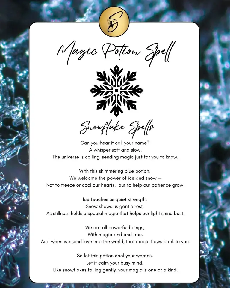 Snowflake Spells magic potion spell card featuring a snowflake symbol, calming winter ritual poetry and magical guidance by Sparkle & Spell Co NZ