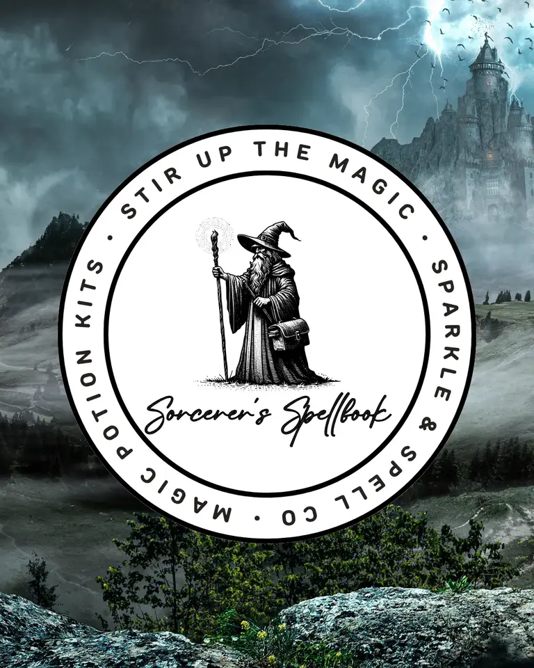 Sorcerer’s Spellbook logo by Sparkle & Spell Co., featuring a wise wizard and the phrase “Stir Up the Magic” — handmade magic potions for kids.
