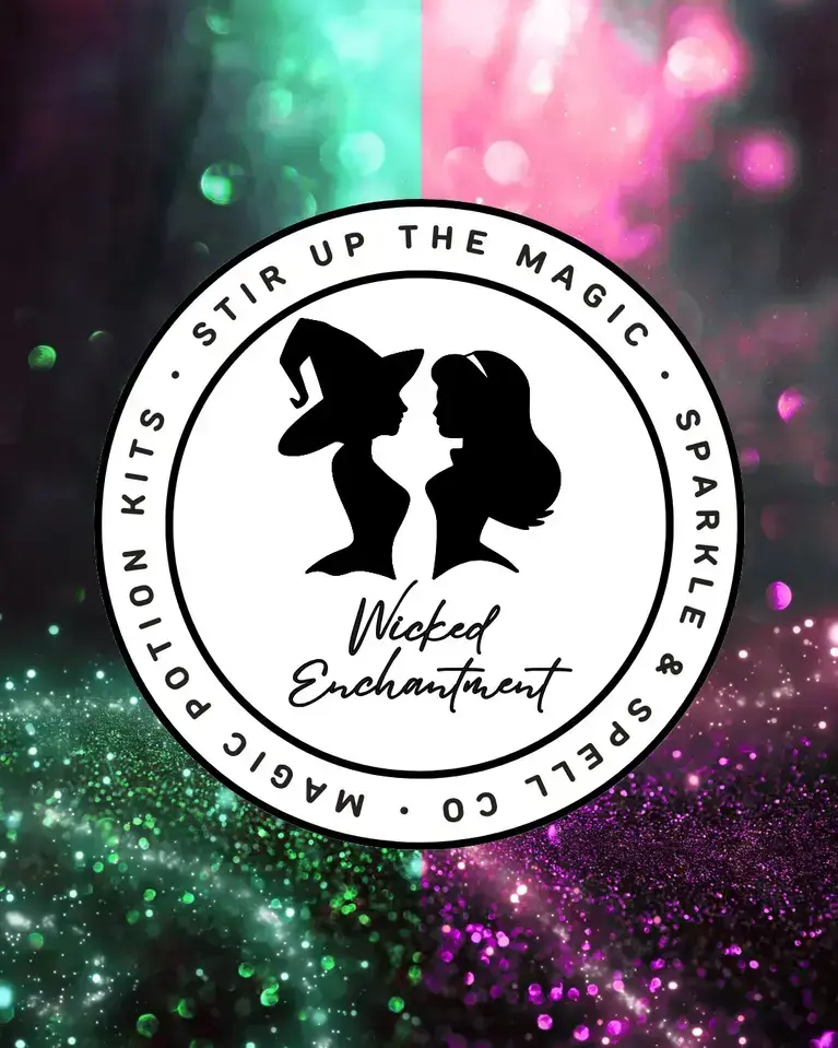 Wicked Enchantment Magic Potion Kit logo featuring silhouettes of two witches — one in green, one in pink — with glittering background by Sparkle & Spell Co.