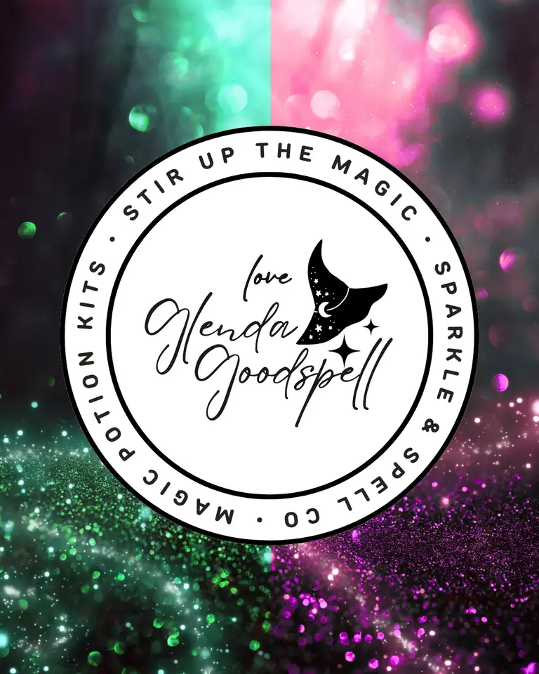 Magical split green and pink glitter background with circular Sparkle & Spell Co. logo reading “Love Glenda Goodspell – Stir Up the Magic."