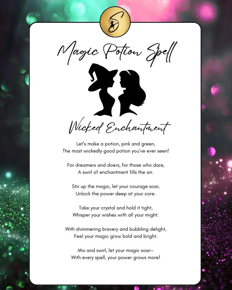 Wicked Enchantment magic potion spell card by Sparkle & Spell Co. NZ, featuring a faerie illustration and joy-filled potion spell celebrating happiness, belief and inner magic.